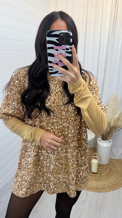 Mesh Sleeve Oversized Sequin T-Shirt - GOLD