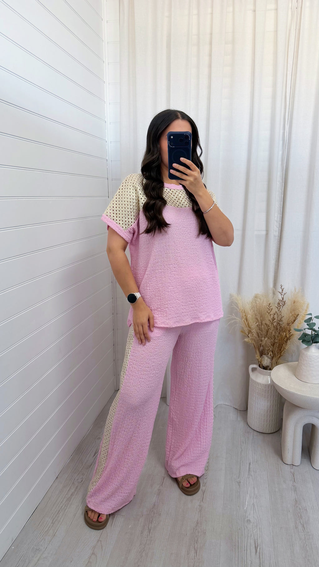 Metallic Mesh T-Shirt and Trouser Co-Ord - BABY PINK