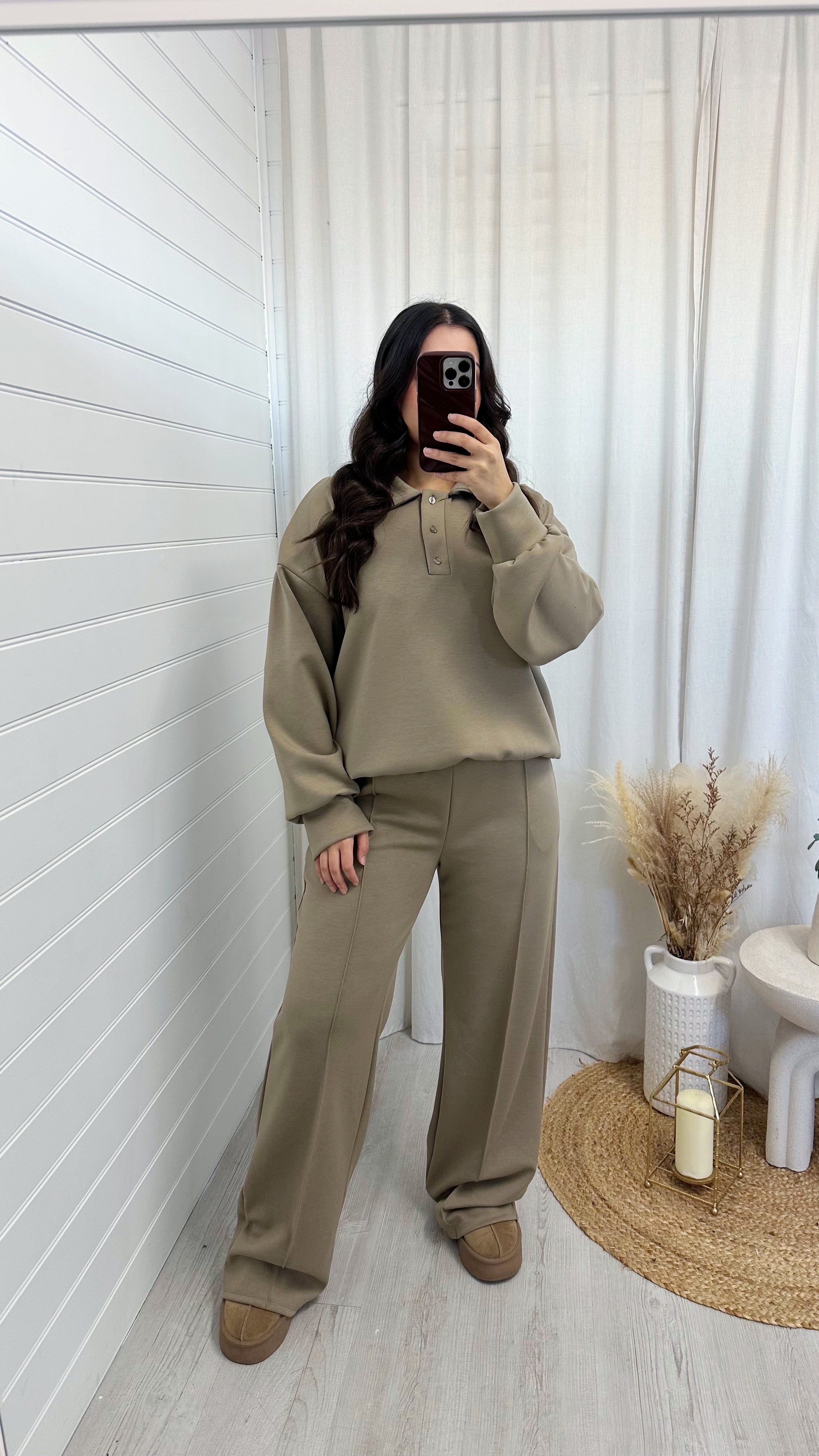 Collared Sweatshirt and Seam Front Joggers Co-Ord - BEIGE