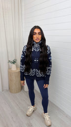 High Neck Paisley Knitted Jacket - NAVY
