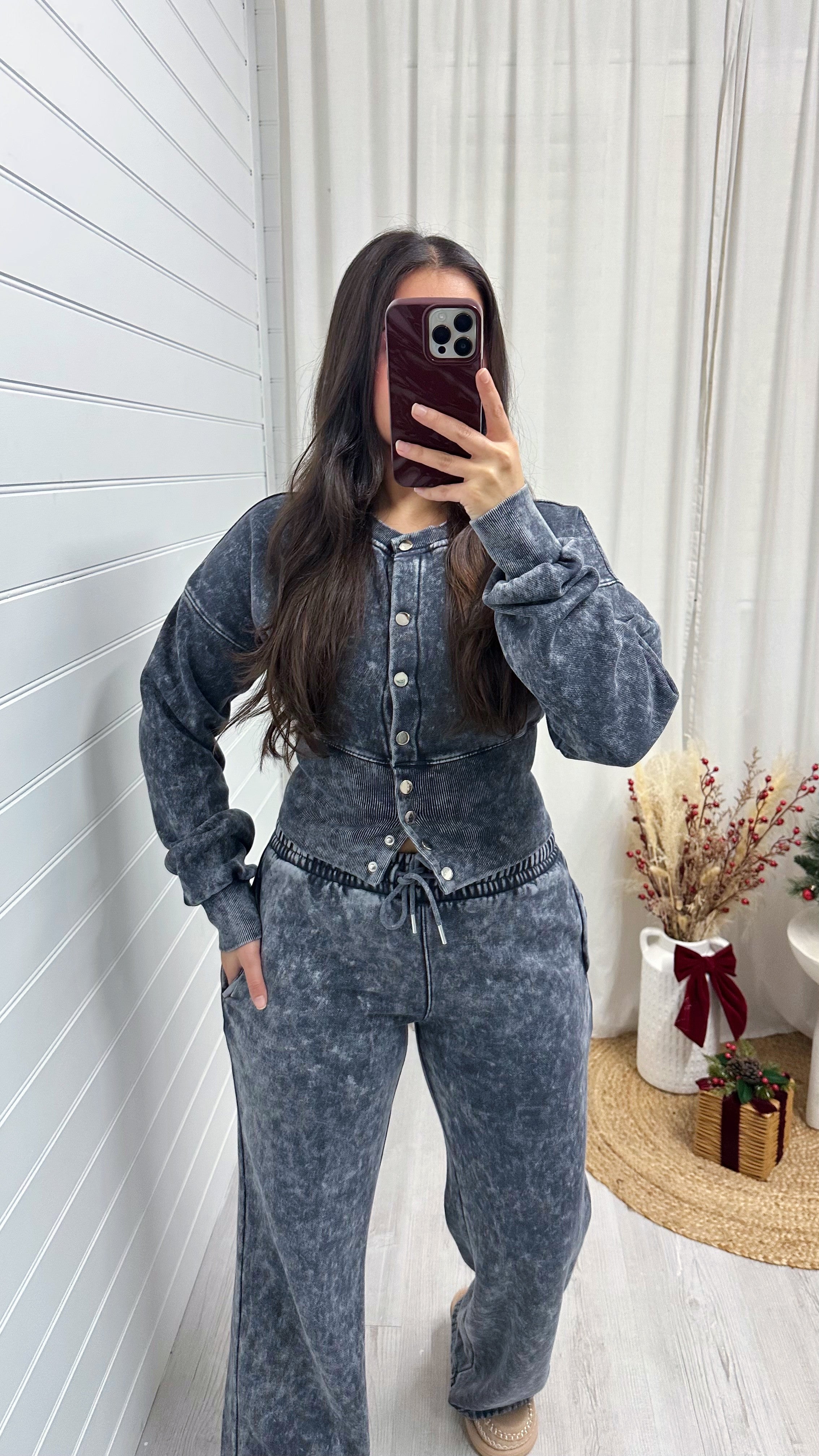 Cinched Waist Jacket and Joggers Tracksuit - ACID WASH CHARCOAL