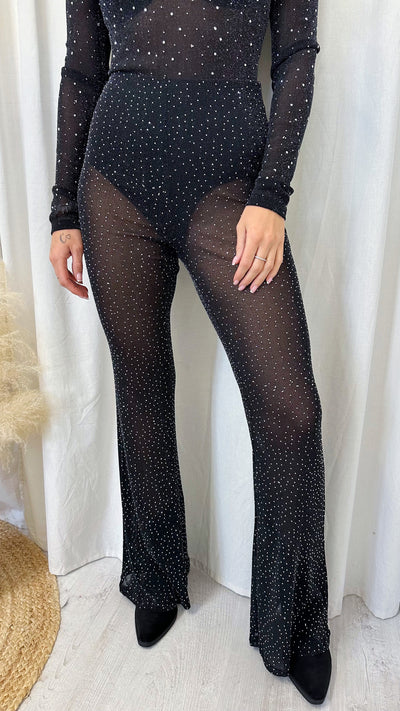 Rhinestone Mesh Flare Trousers - BLACK