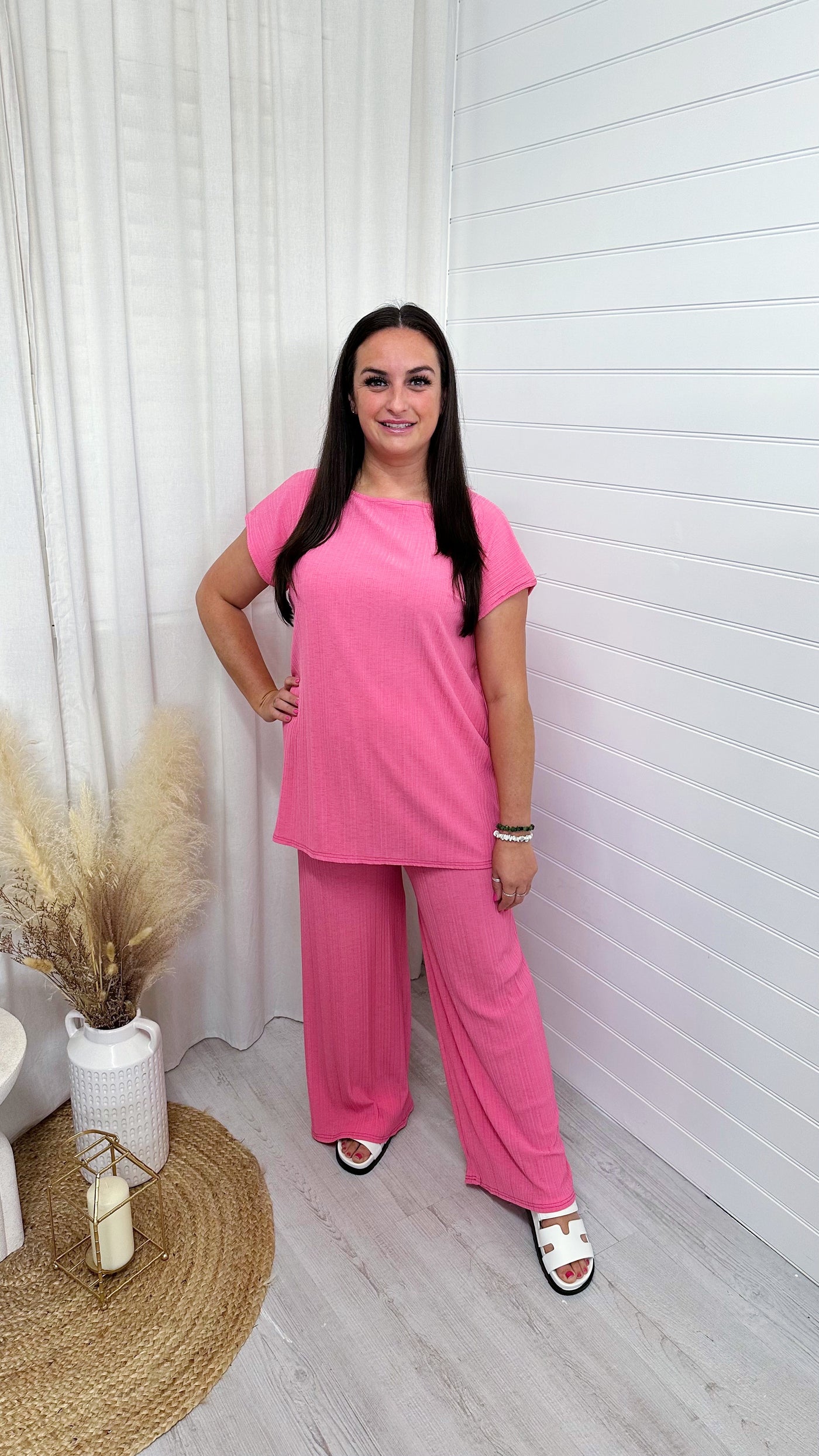 PLUS Cap Sleeve Ribbed Top and Trousers Co-Ord - PINK