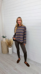 Relaxed Long Sleeve Stripe T-Shirt - BLUE/BROWN