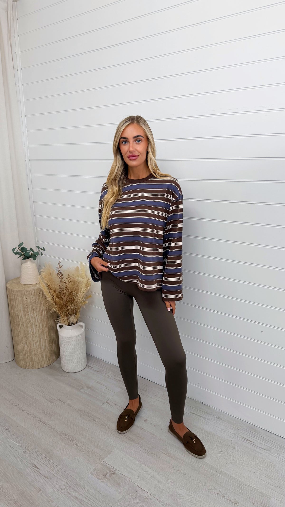 Relaxed Long Sleeve Stripe T-Shirt - BLUE/BROWN