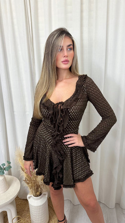 Laser Cut Frill Hem Dress - BROWN