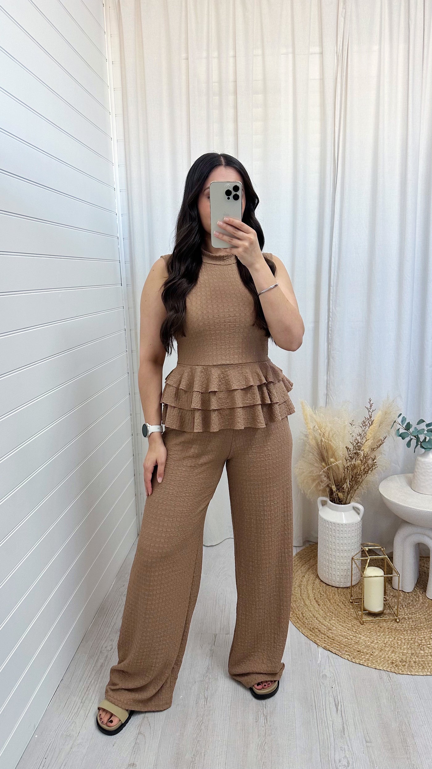 Peplum Frill Tiered Vest Top and Trousers Co-Ord - TAUPE