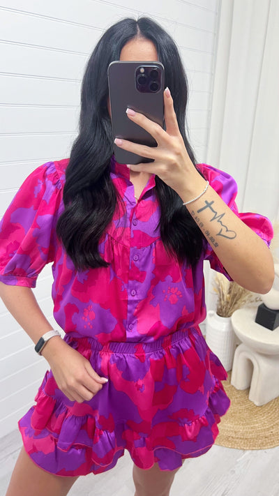 Puff Sleeve Blouse and Frill Hem Shorts Co-Ord - PURPLE/PINK