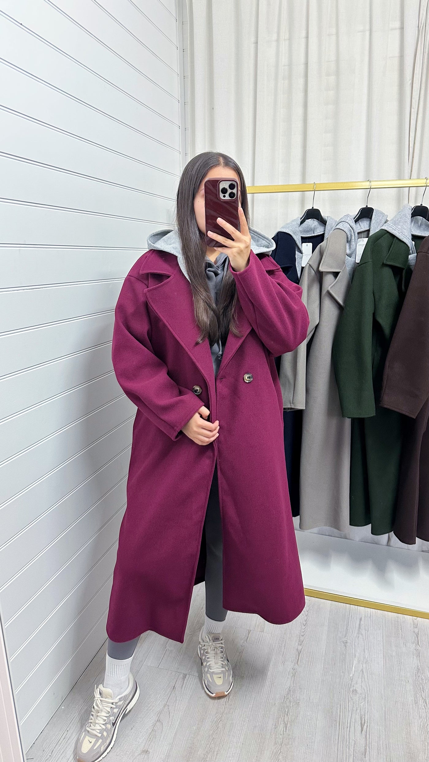 Oversized Woollen Hooded Mac - WINE