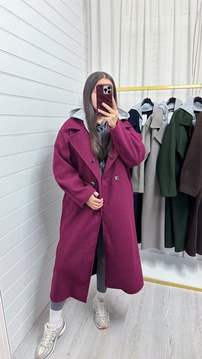 Oversized Woollen Hooded Mac - WINE