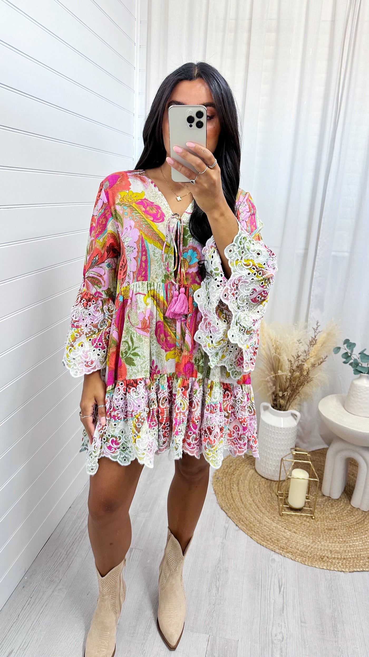 Embroidery Anglaise Floral Bell Sleeve Dress - PINK/ORANGE