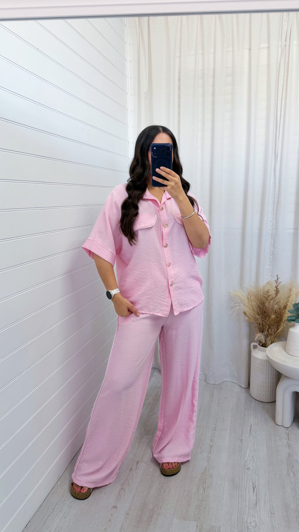 White Piped Shirt and Trousers Co-Ord - BABY PINK