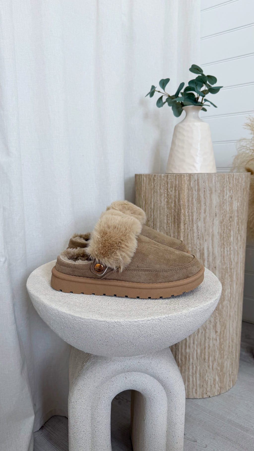 Faux Fur Strap Mule - BEIGE