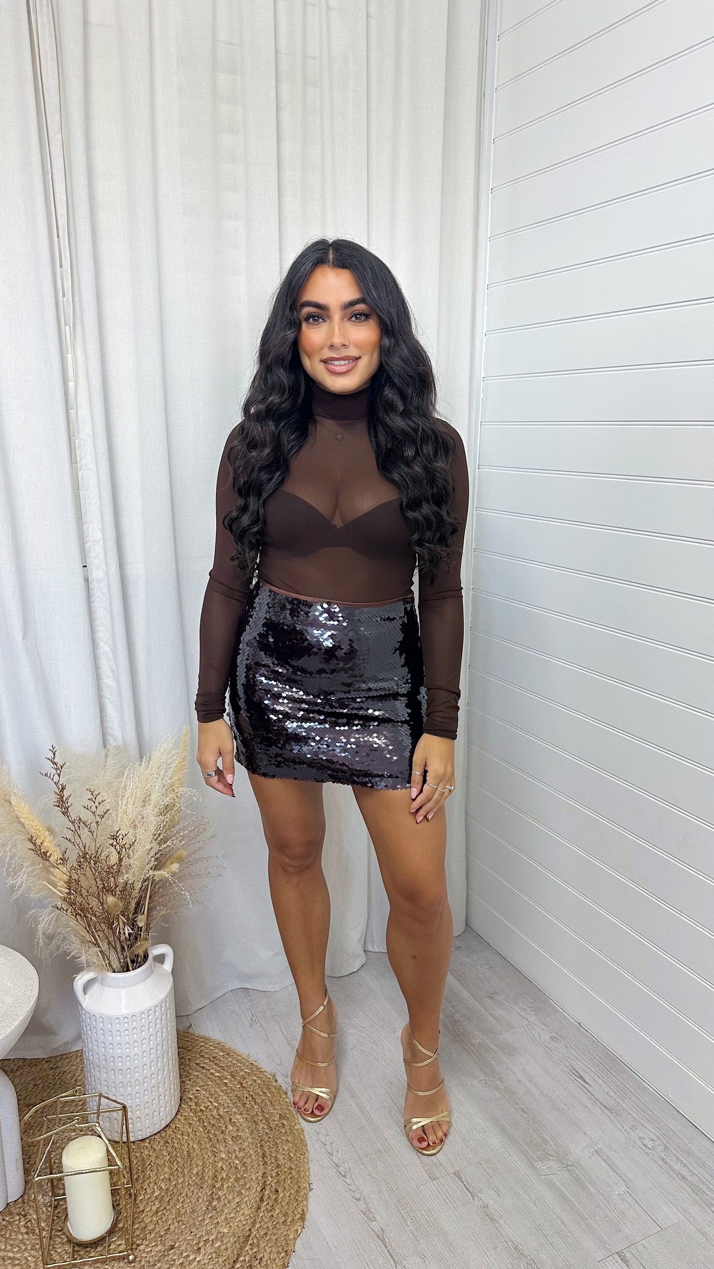 High Shine Sequin Mini Skirt - BROWN