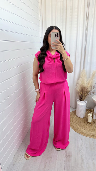 Sleeveless Bow Top and Wide Leg Trousers Co-Ord - PINK