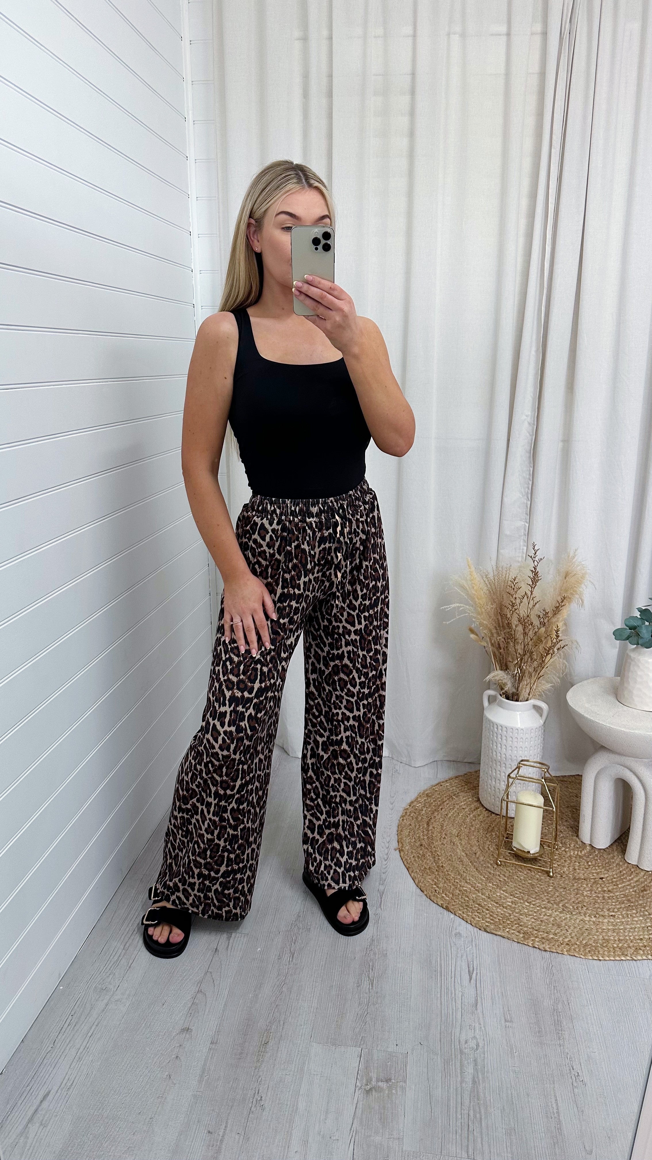 Stretchy Wide Leg Leopard Print Trousers - DARK LEOPARD