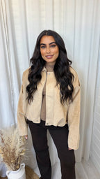 Suede Baggy Sleeve Lapel Bomber Jacket - BEIGE