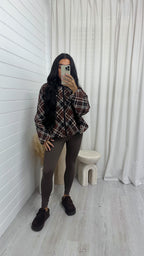 Large Check Print Bomber Jacket - BROWN