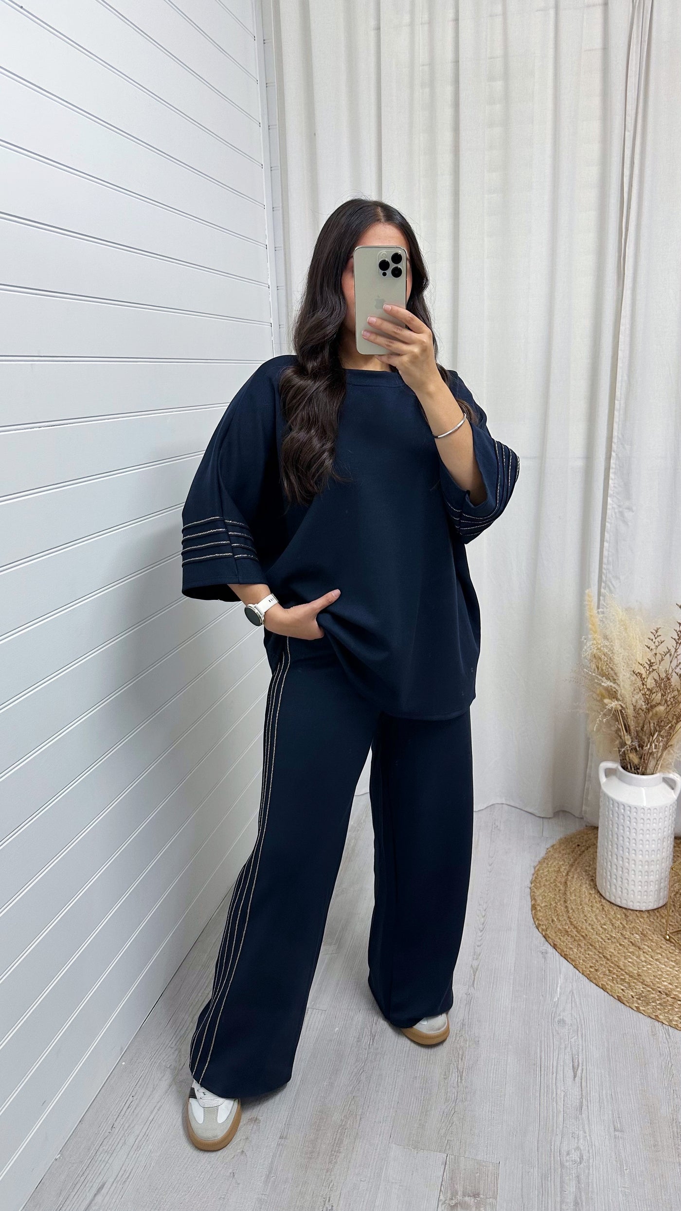 Gold Stripe Oversized Top and Wide Leg Trousers Co-Ord - NAVY