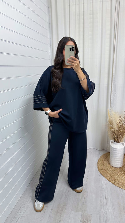 Gold Stripe Oversized Top and Wide Leg Trousers Co-Ord - NAVY