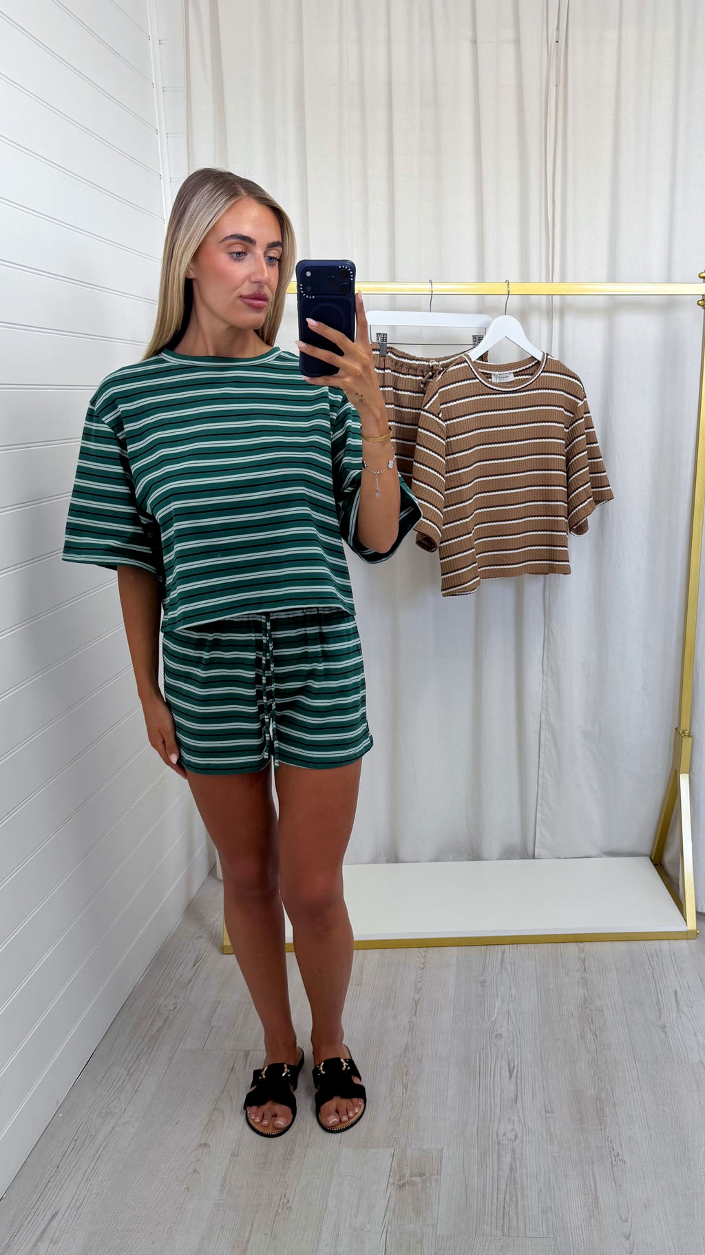 Stripey Cotton Crop Top and Shorts Co-Ord - FOREST GREEN