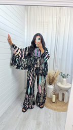 Tie Dye Pleated Sleeve Beaded Co-Ord - BLACK