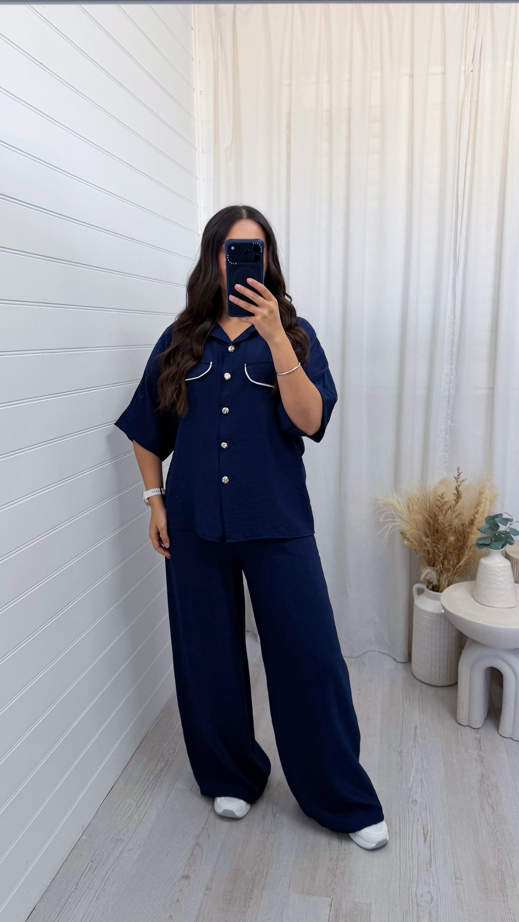 White Piped Shirt and Trousers Co-Ord - NAVY