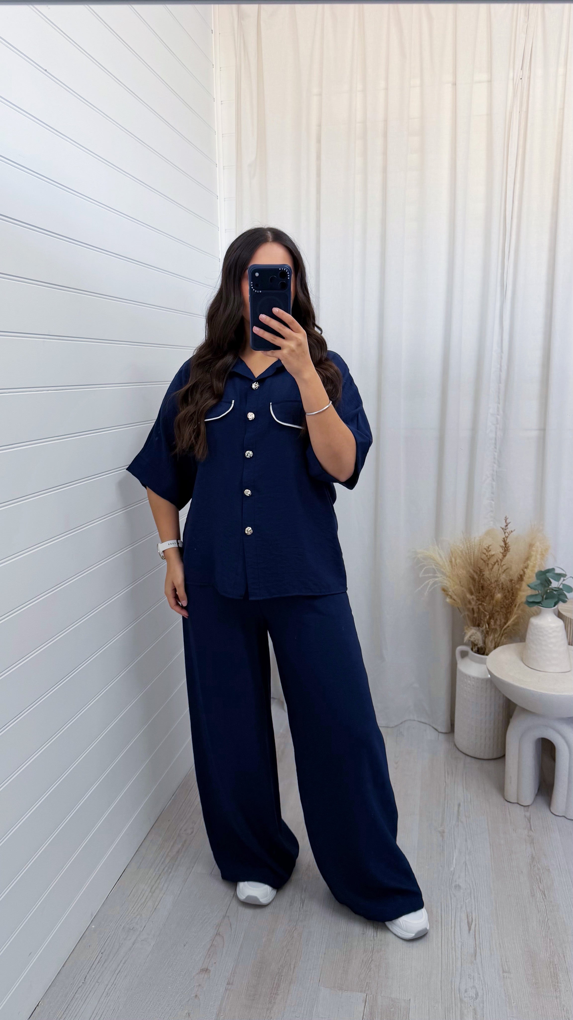 White Piped Shirt and Trousers Co-Ord - NAVY
