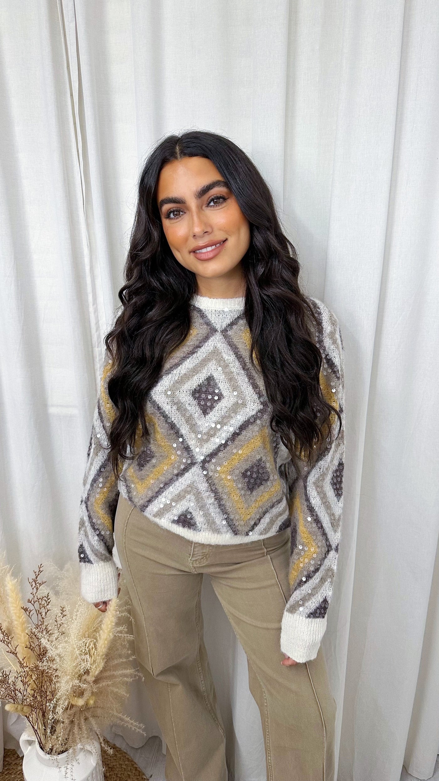 Sequin Diamond Print Woollen Jumper - BEIGE