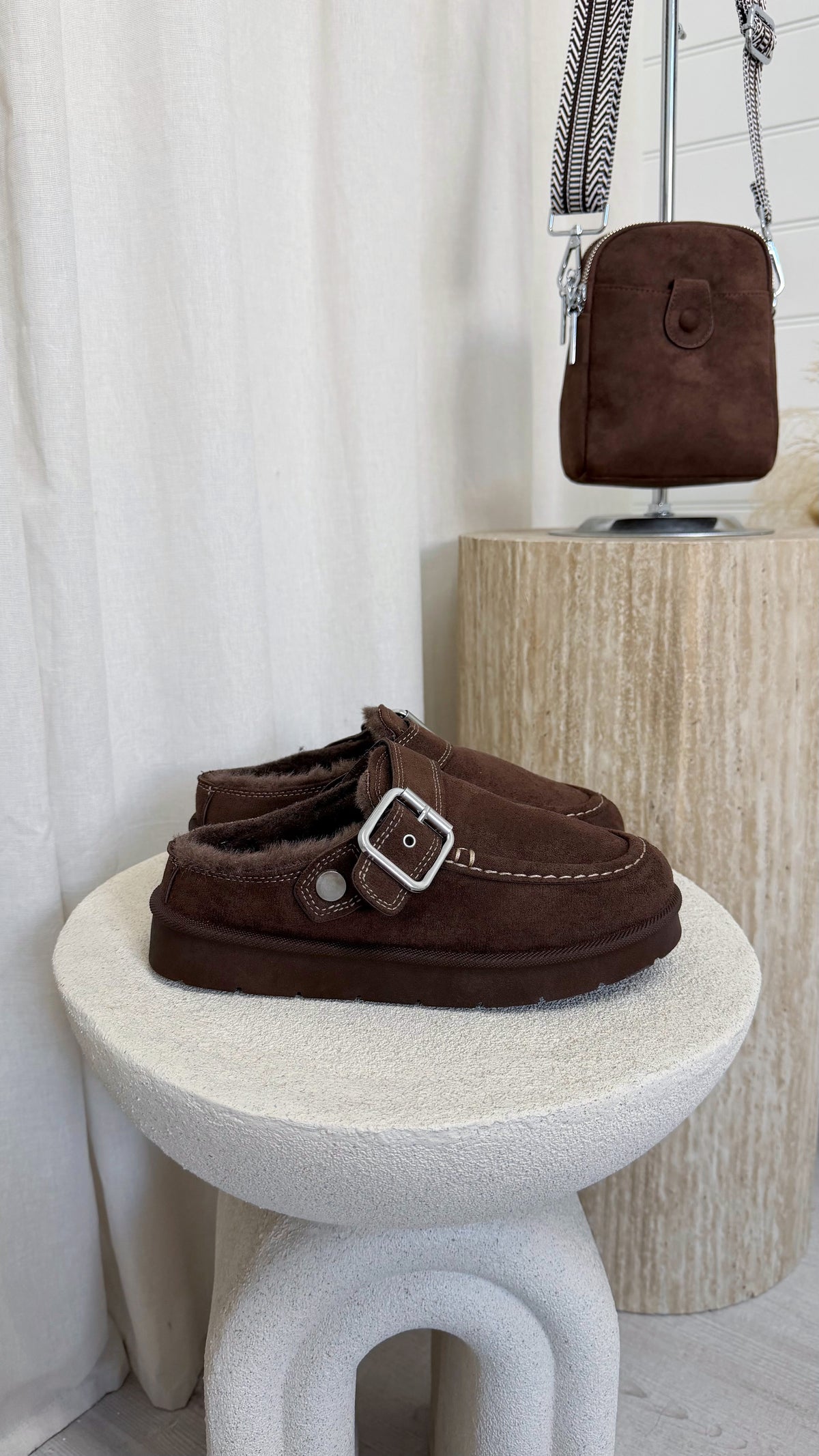 Buckle Strap Faux Fur Loafers - BROWN