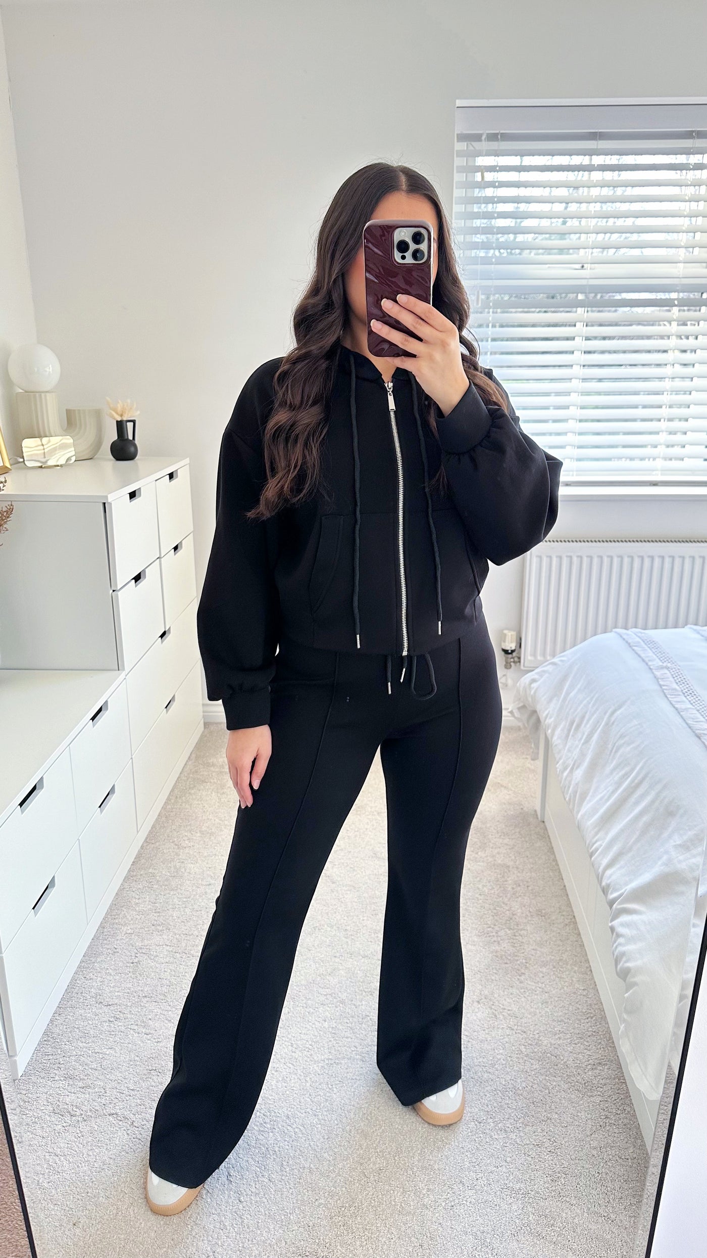 Crop Jacket and Flare Joggers Tracksuit - BLACK