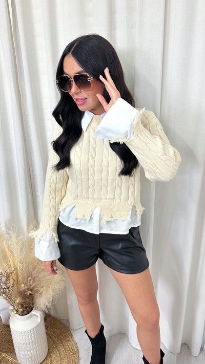 Cable Knit Shirt Insert Jumper - BEIGE