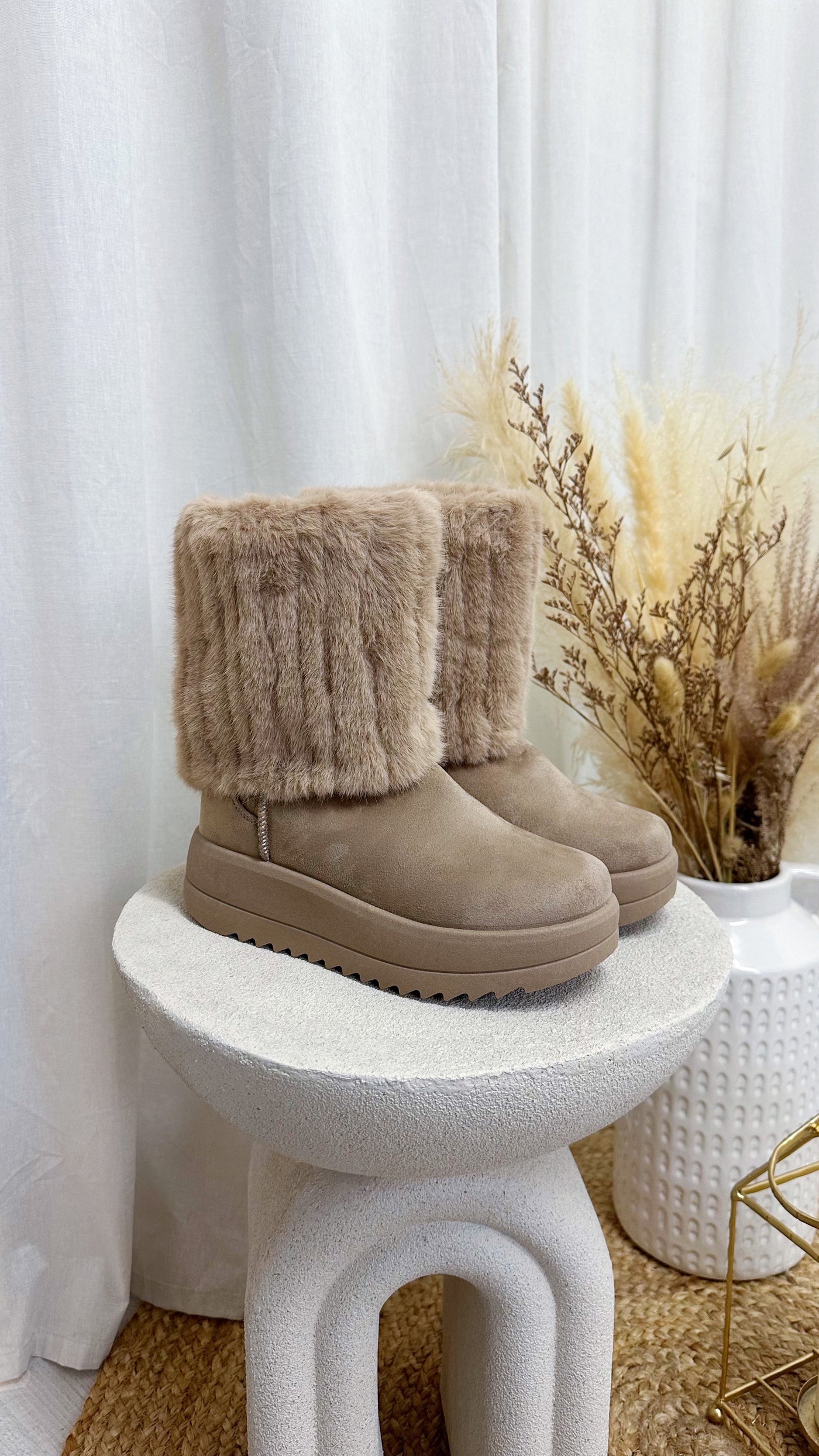 Faux Fur Calf Length Boots - BEIGE