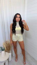 3 Piece Sequin Mesh Bodysuit, Bralette and Shorts Co-Ord - LEMON