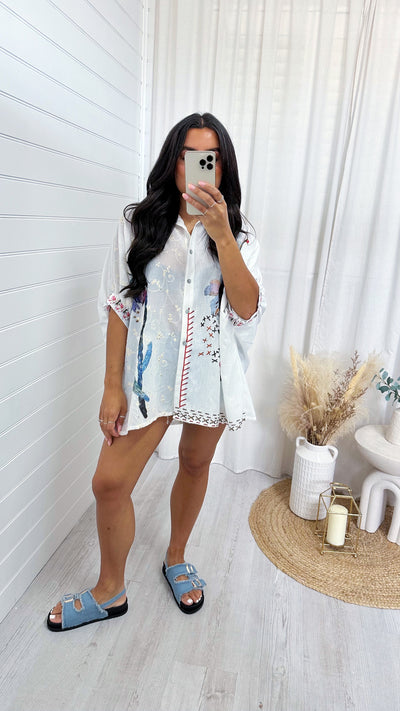 Oriental Print Oversized Linen Shirt - WHITE