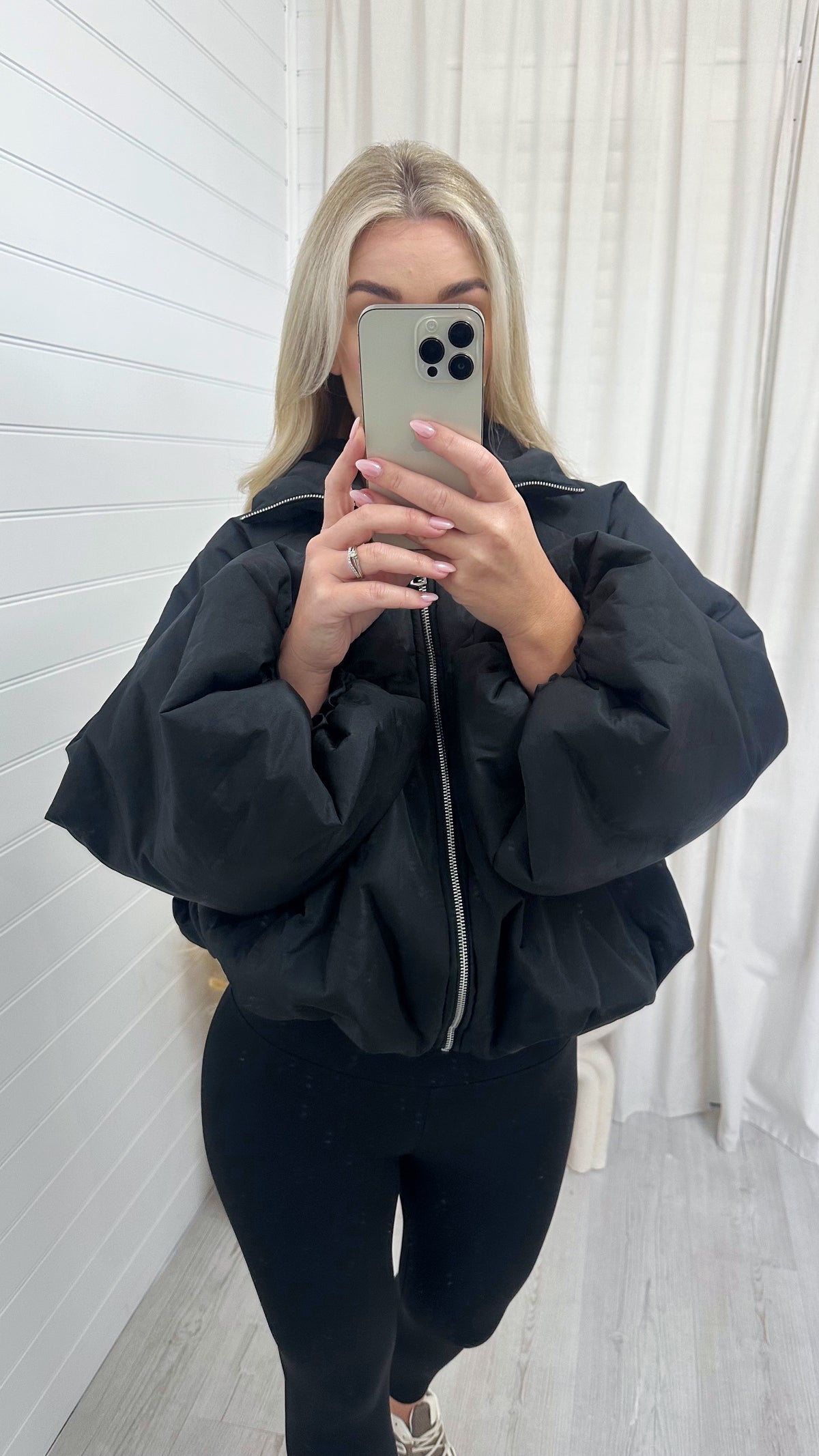 Balloon Sleeve Puffer Jacket - BLACK