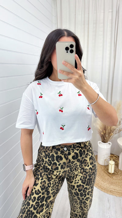 Embroidered Cherry Crop T-Shirt - WHITE