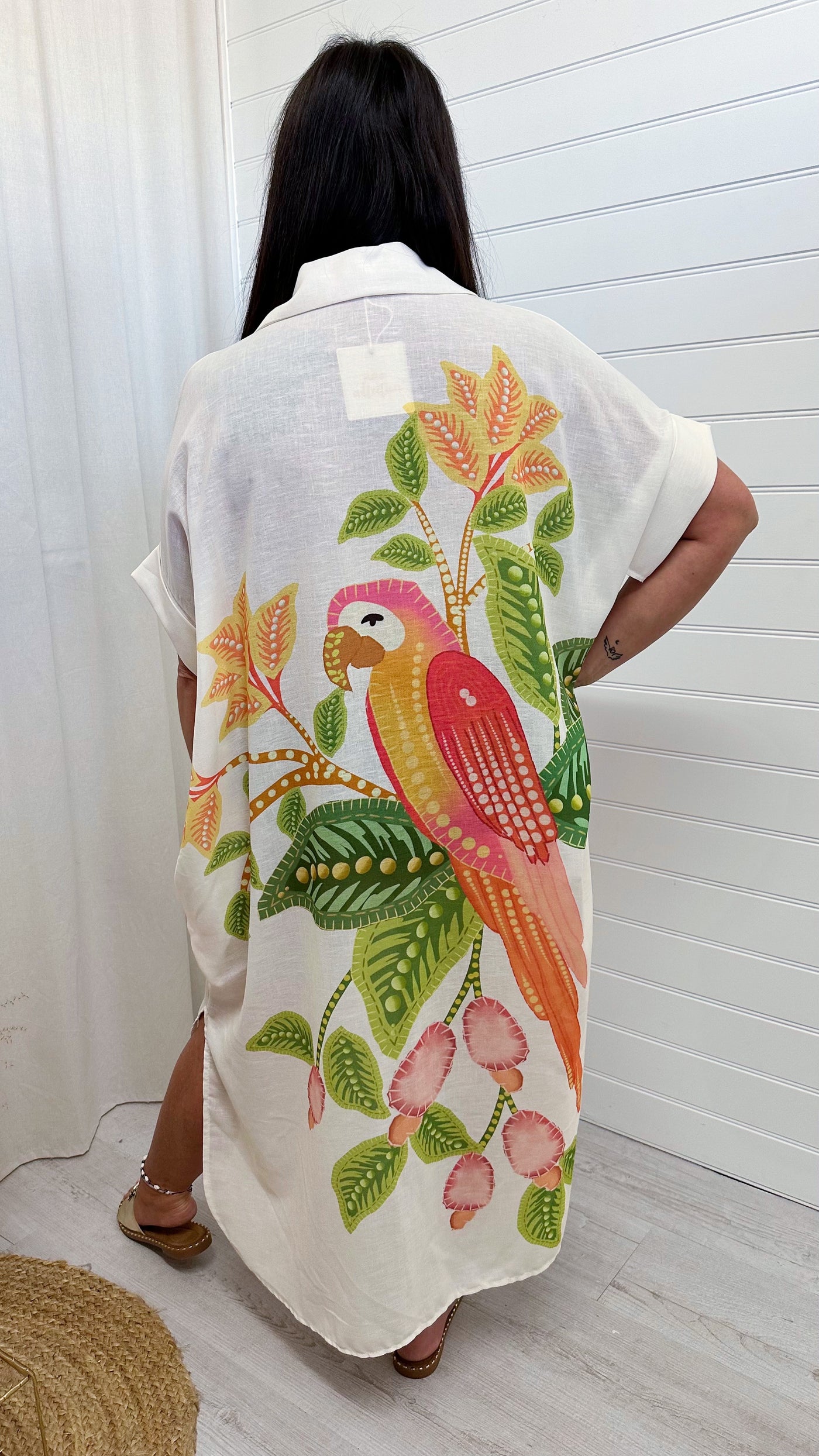PLUS Linen Parrot Shirt Dress - BEIGE