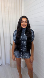 Deer Print Ruched Shoulder Padded Mini Dress - BLACK