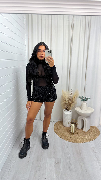 3 Piece Sequin Mesh Bodysuit, Bralette and Shorts Co-Ord - BLACK