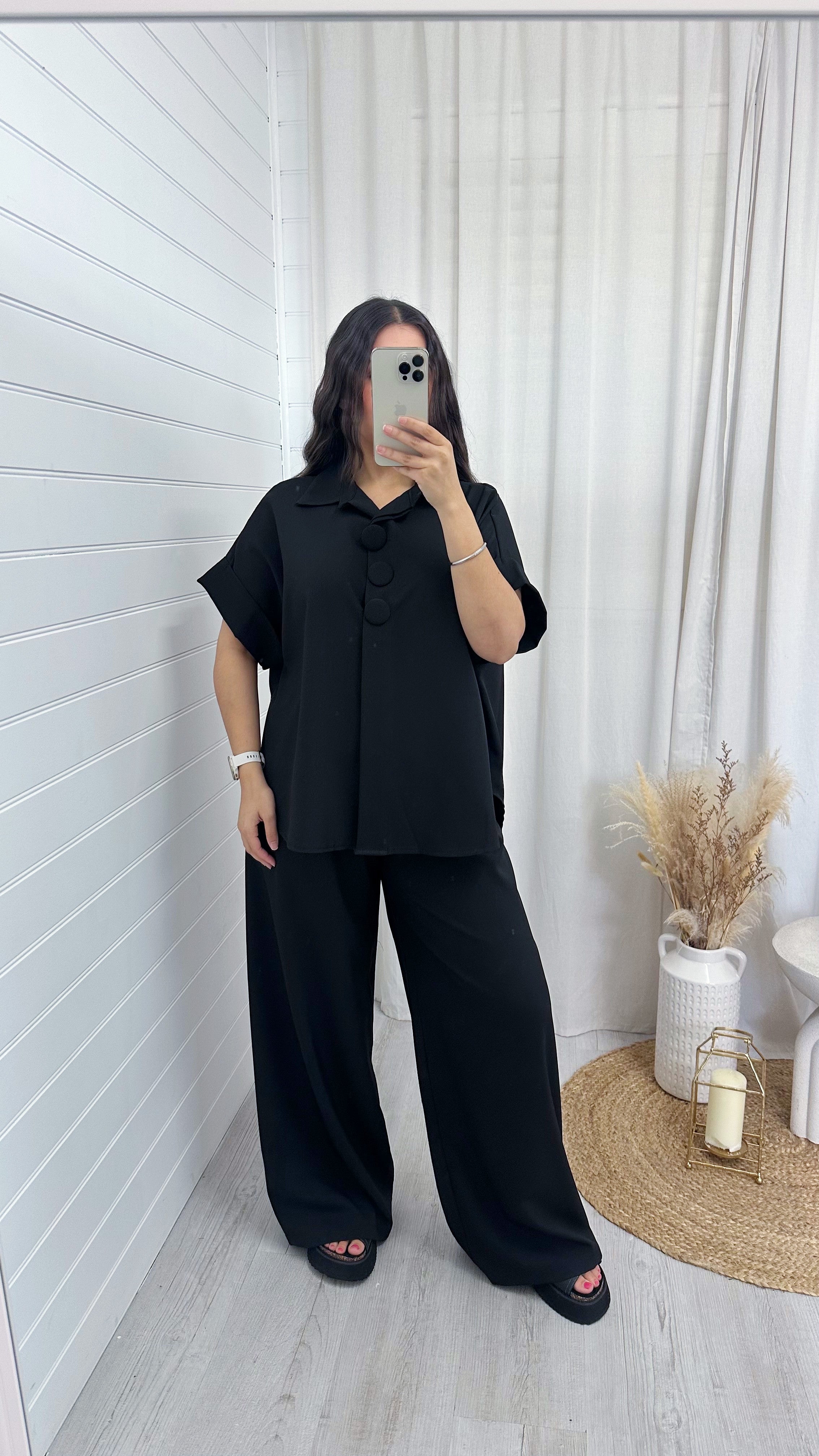 Chunky Button Shirt and Wide Leg Trousers Co-Ord - BLACK