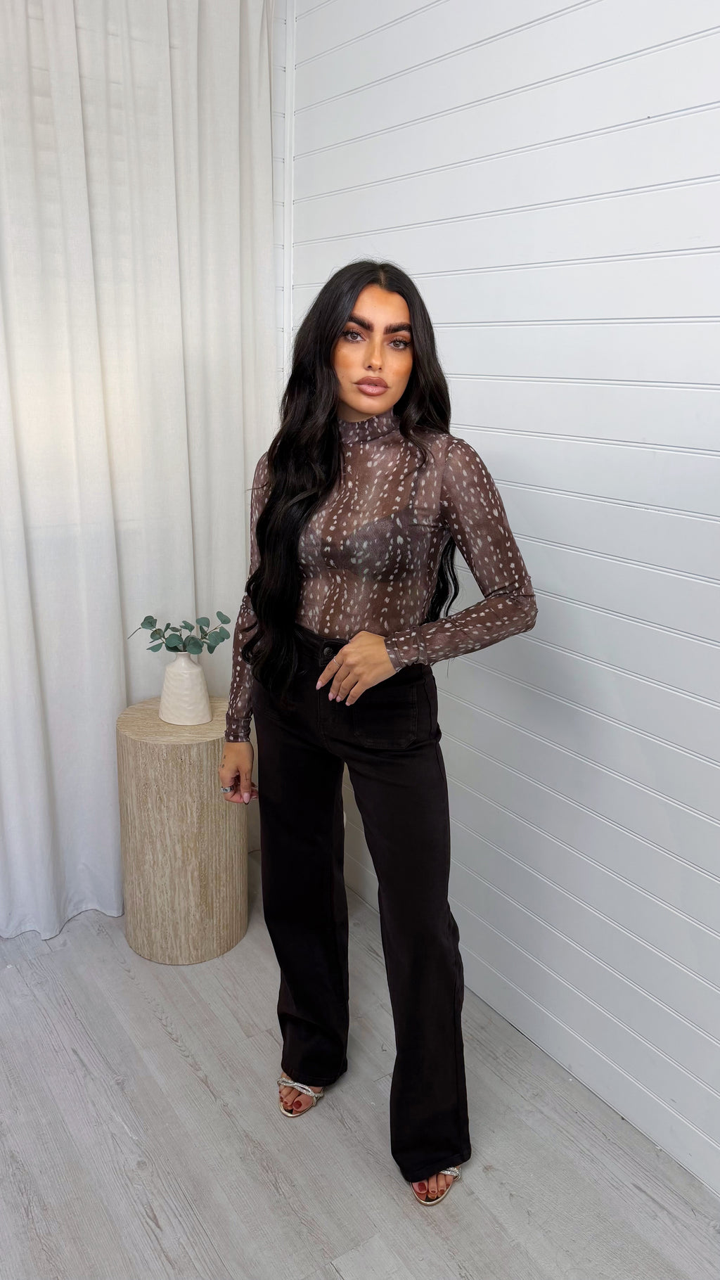 Deer Print Mesh Bodysuit - TAUPE