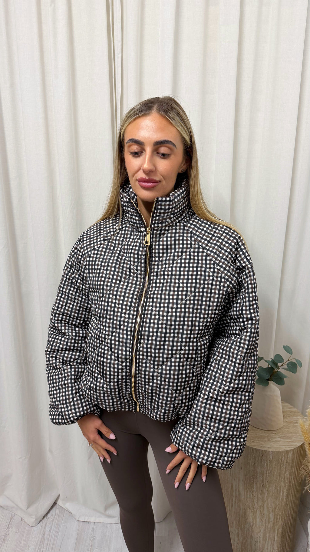 Quilted Gingham Bomber Jacket - BROWN
