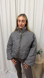 Quilted Gingham Bomber Jacket - BROWN
