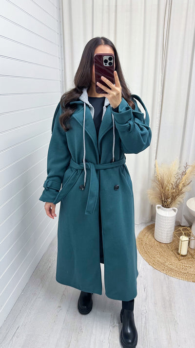 Belted Straight Fit Woollen Insert Mac - TEAL