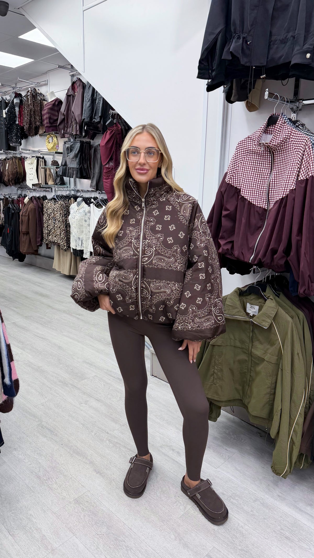 Bandana Print Puffer Jacket - BROWN