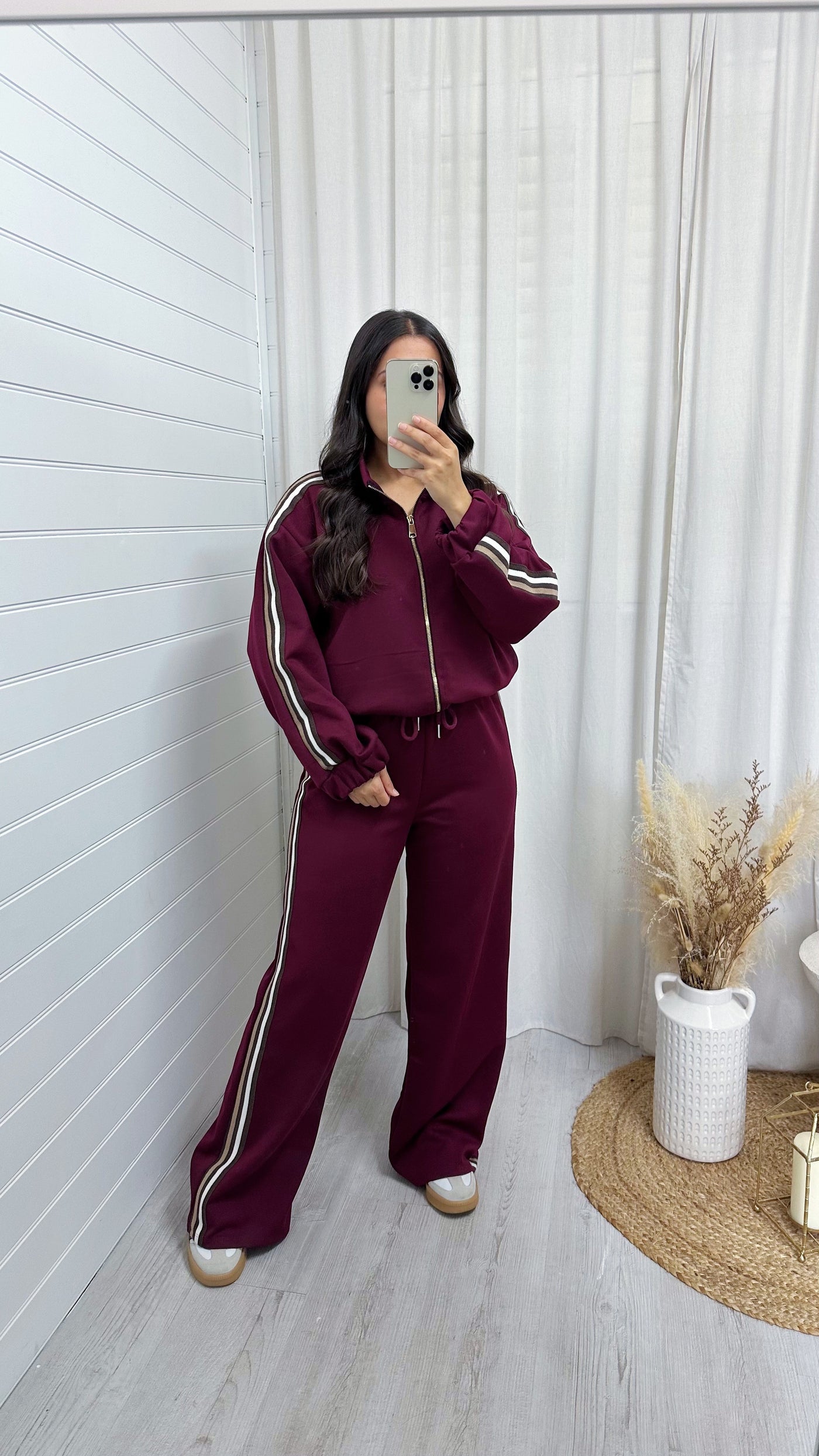 Side Stripe Bomber Jacket and Wide Leg Joggers Co-Ord - WINE