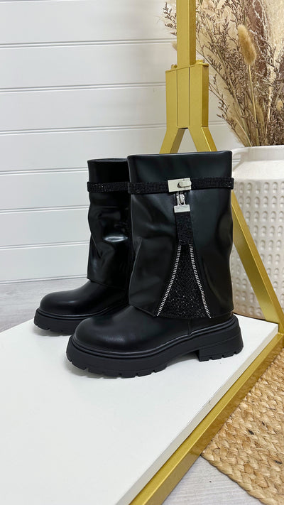 Rhinestone Mid Length PU Boots - BLACK