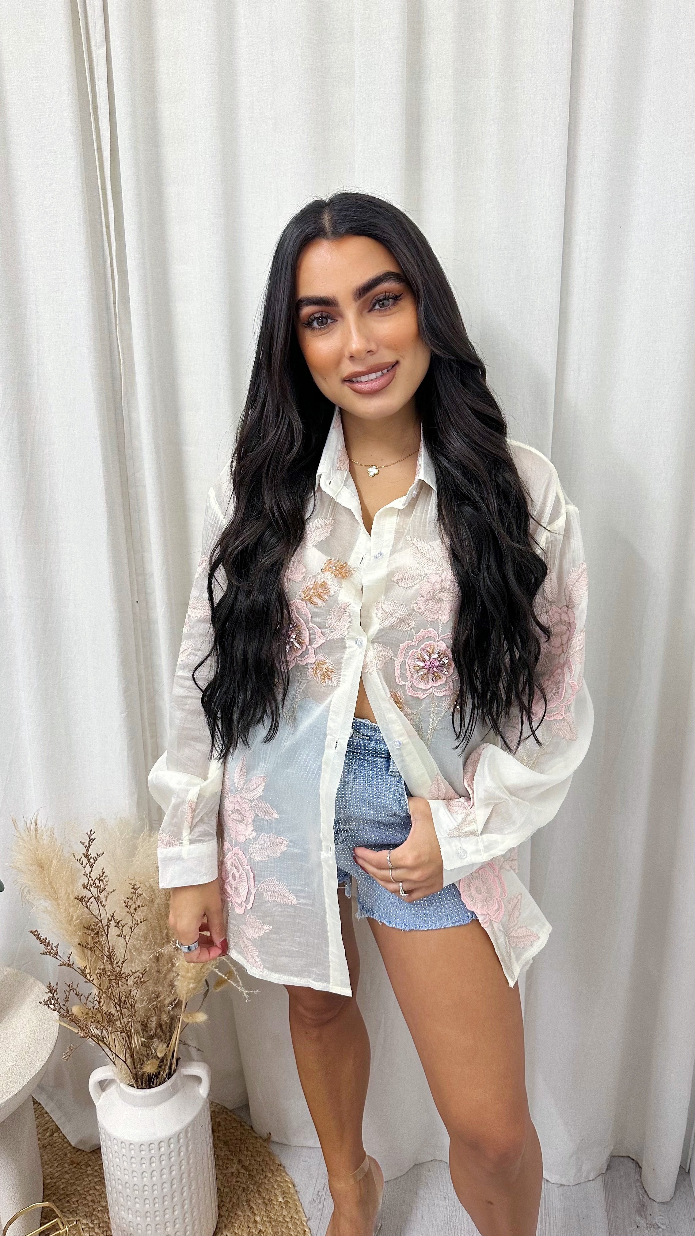 3D Floral Embellished Sheer Shirt - CREAM/PINK