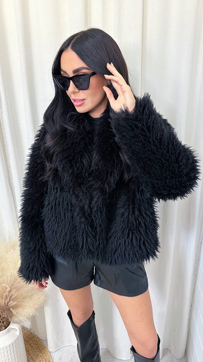 Premium Feather Faux Fur Jacket - BLACK